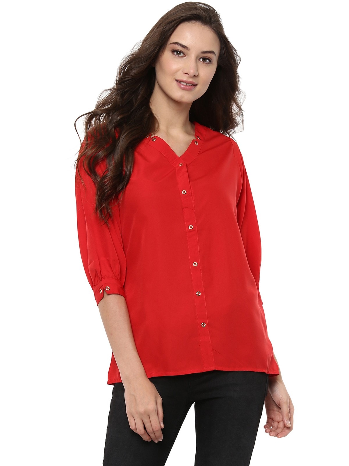 Stradda Womens Red Shirt Top With Detailed Notch Designs