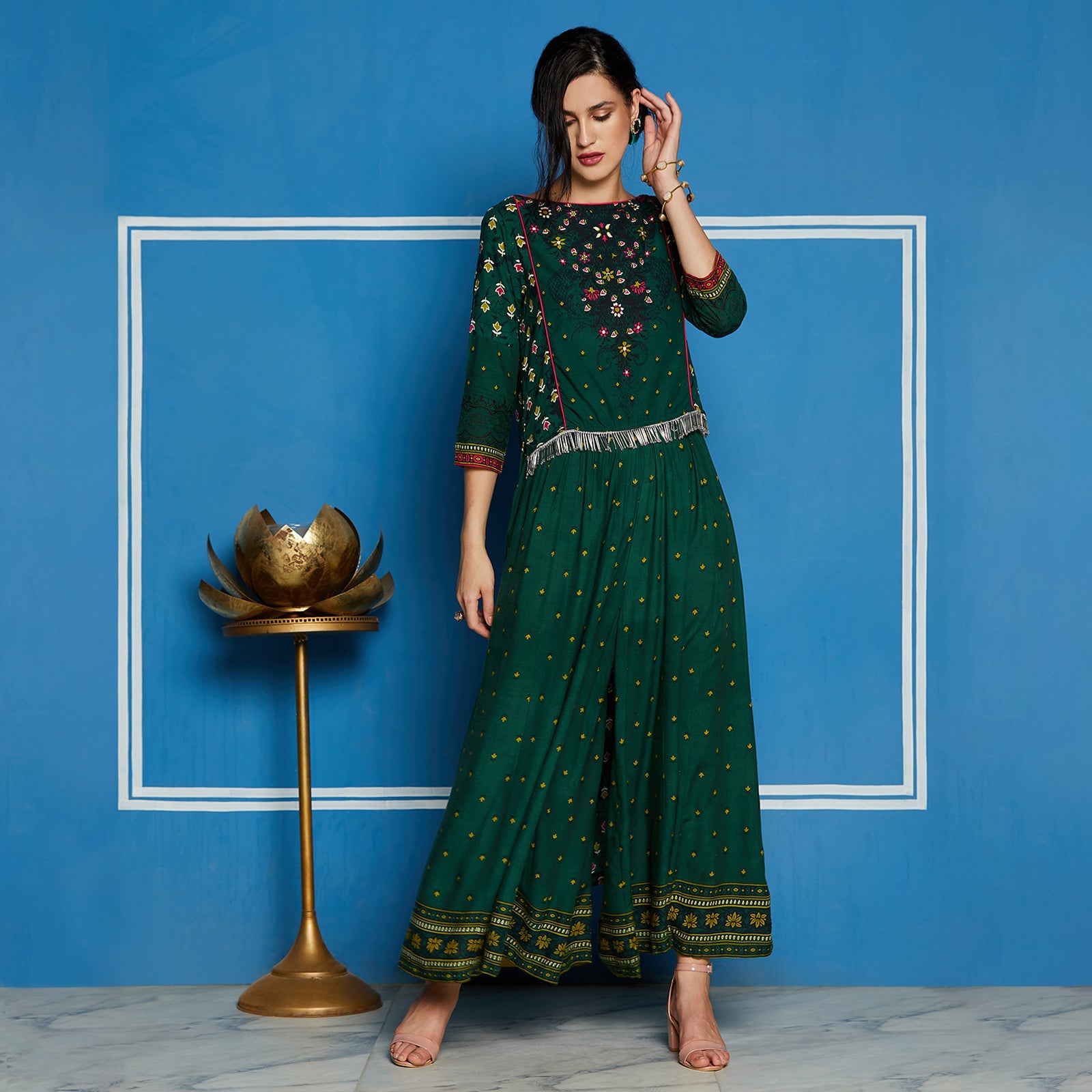 Green Mughal High Low Top With Kalidaar Palazzo