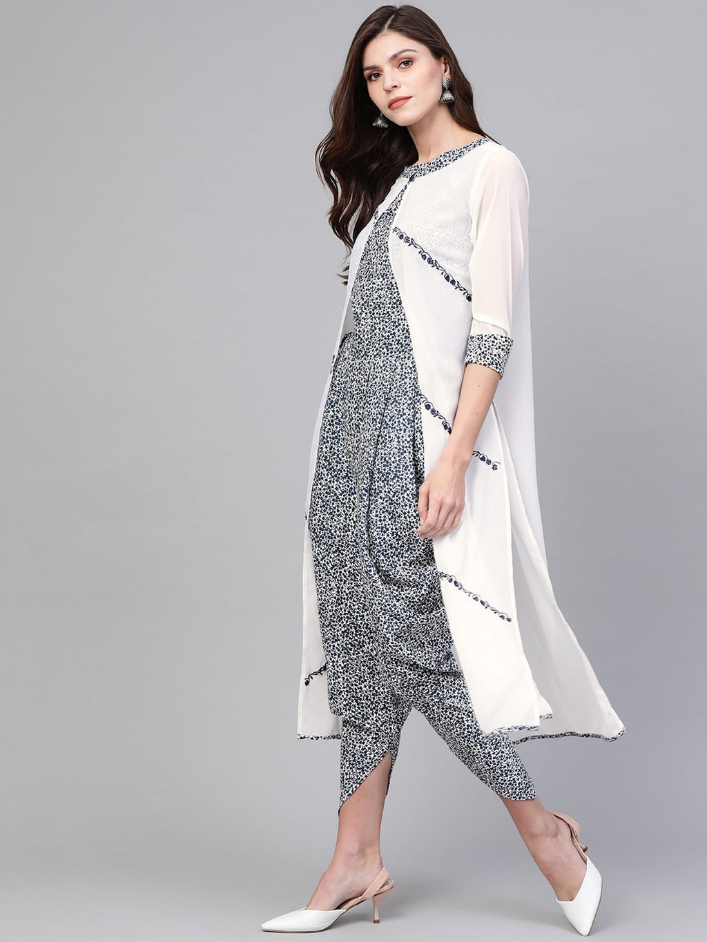 Stradda Womens Embroidered Shrug With Printed Jumpsuit