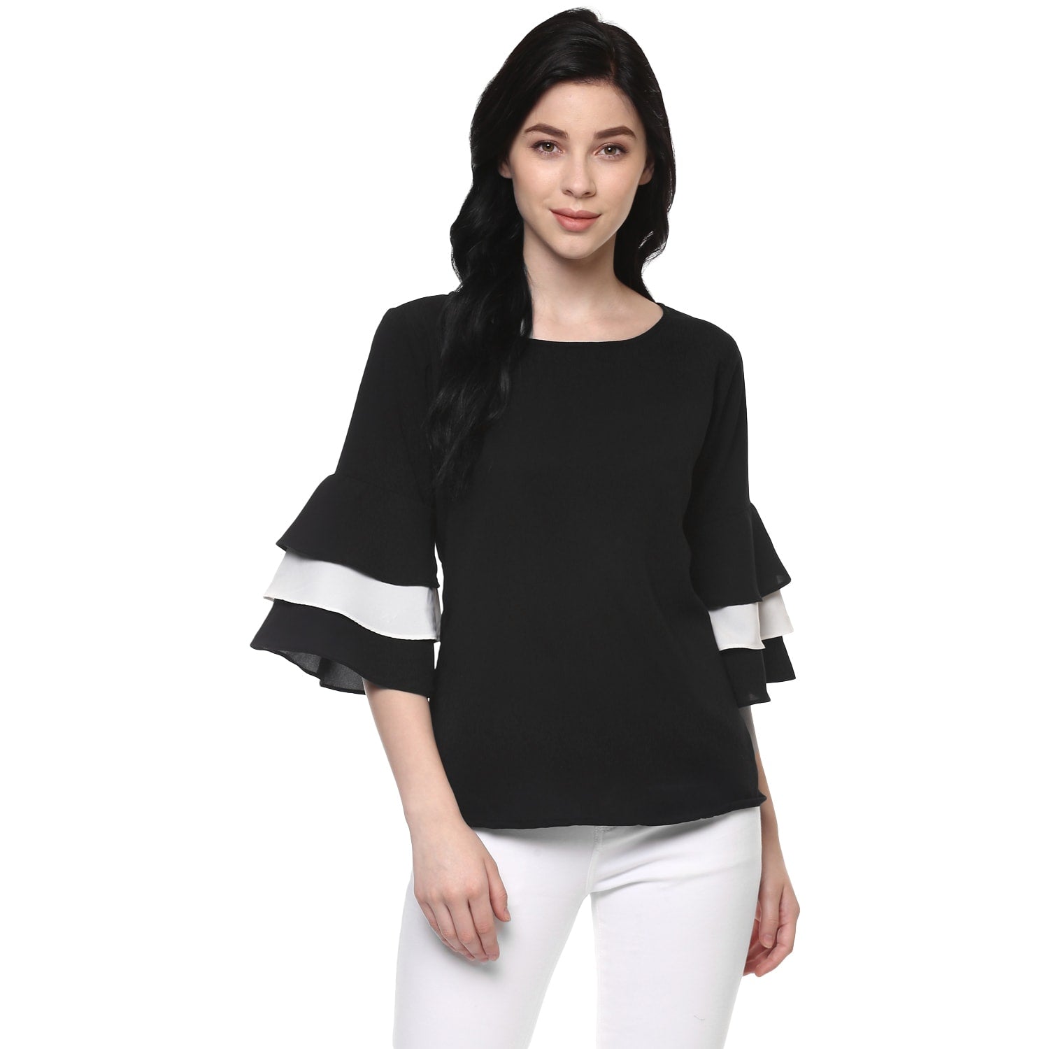 Stradda Womens Solid Monocromatic Flare Sleeve Top