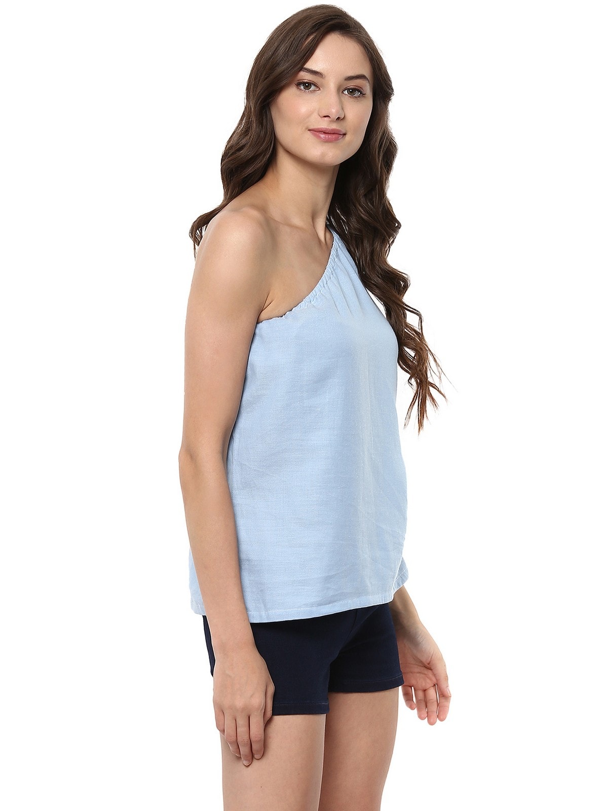 Stradda Womens Chambray One Shoulder Top