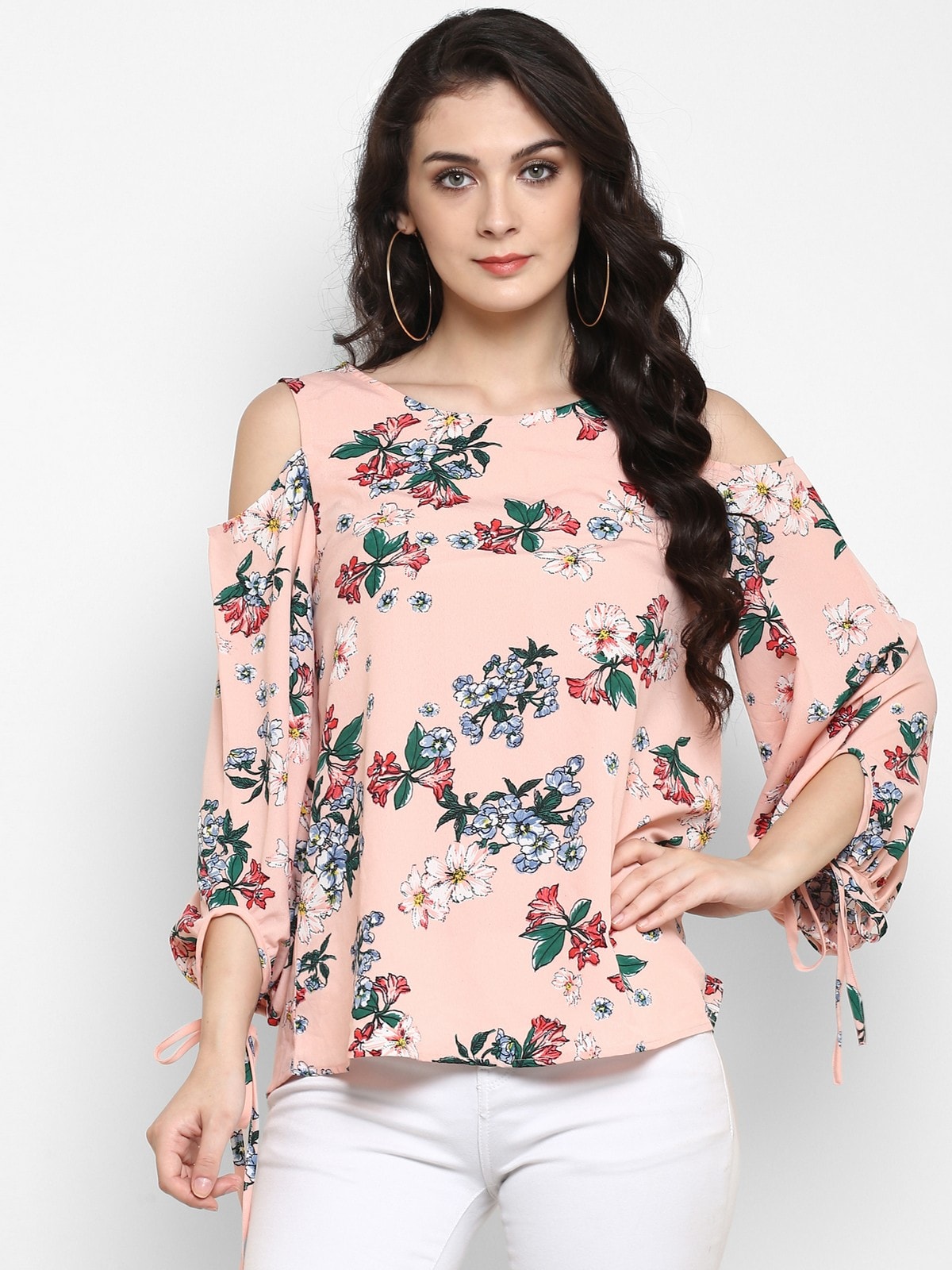 Stradda Womens Floral Cold Shoulder Top