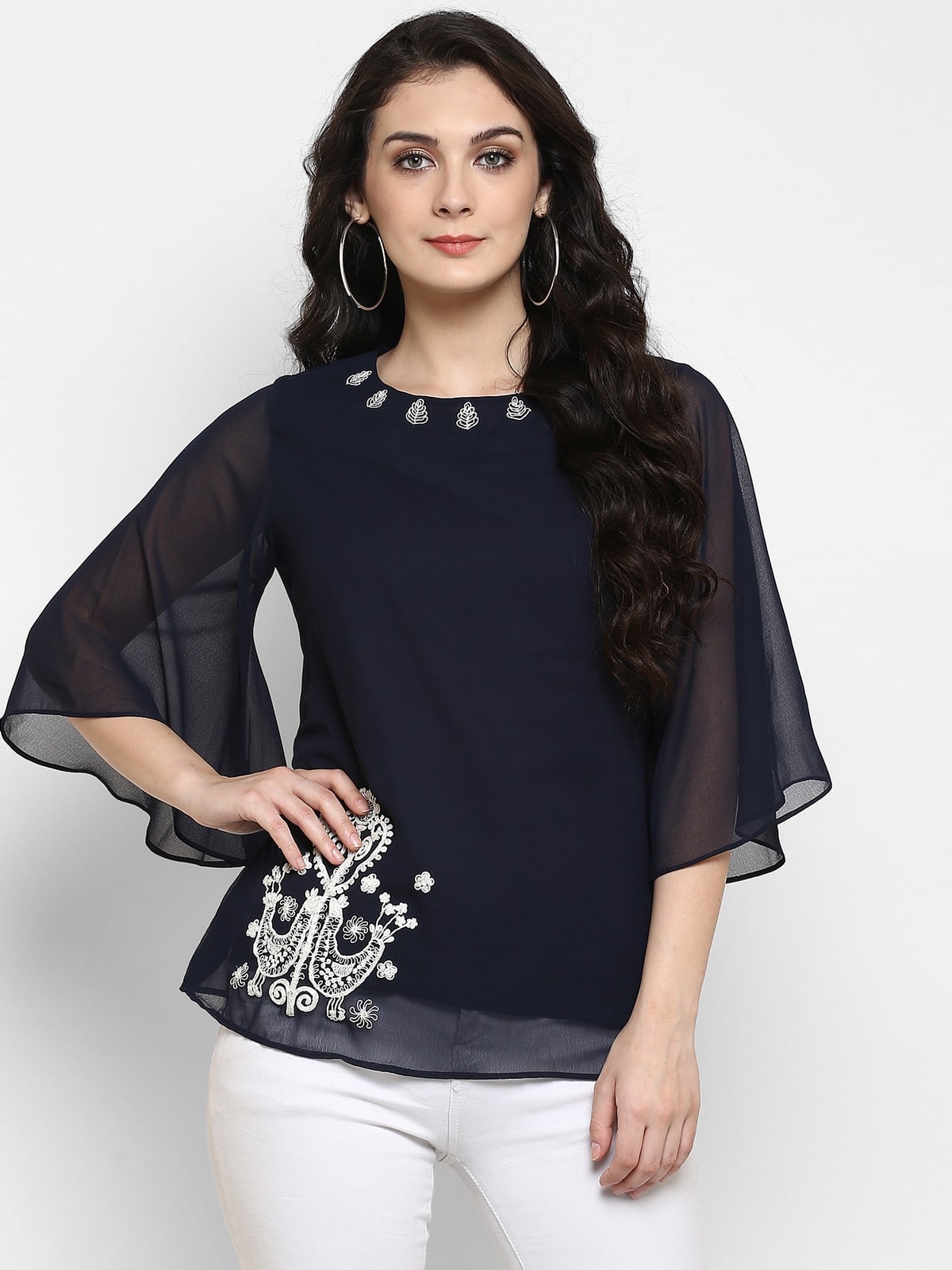 Stradda Womens Embroidered Sheer Top