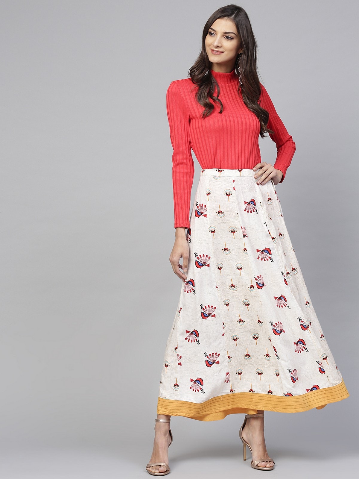 Stradda Womens Peacock Inspired Printed Kalidaar Skirt