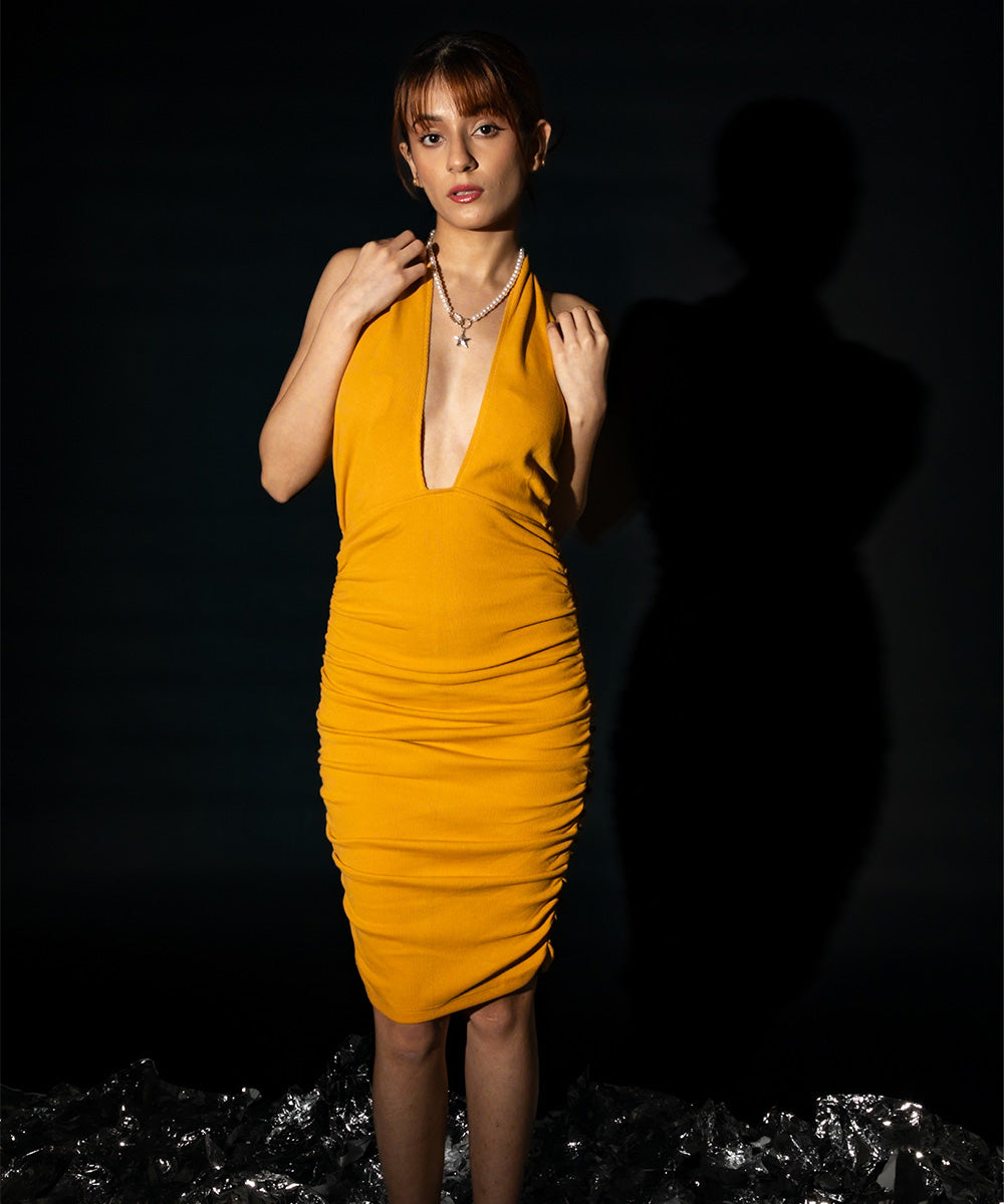 Ribbed Cross body halter neck bodycon dress - Mustard