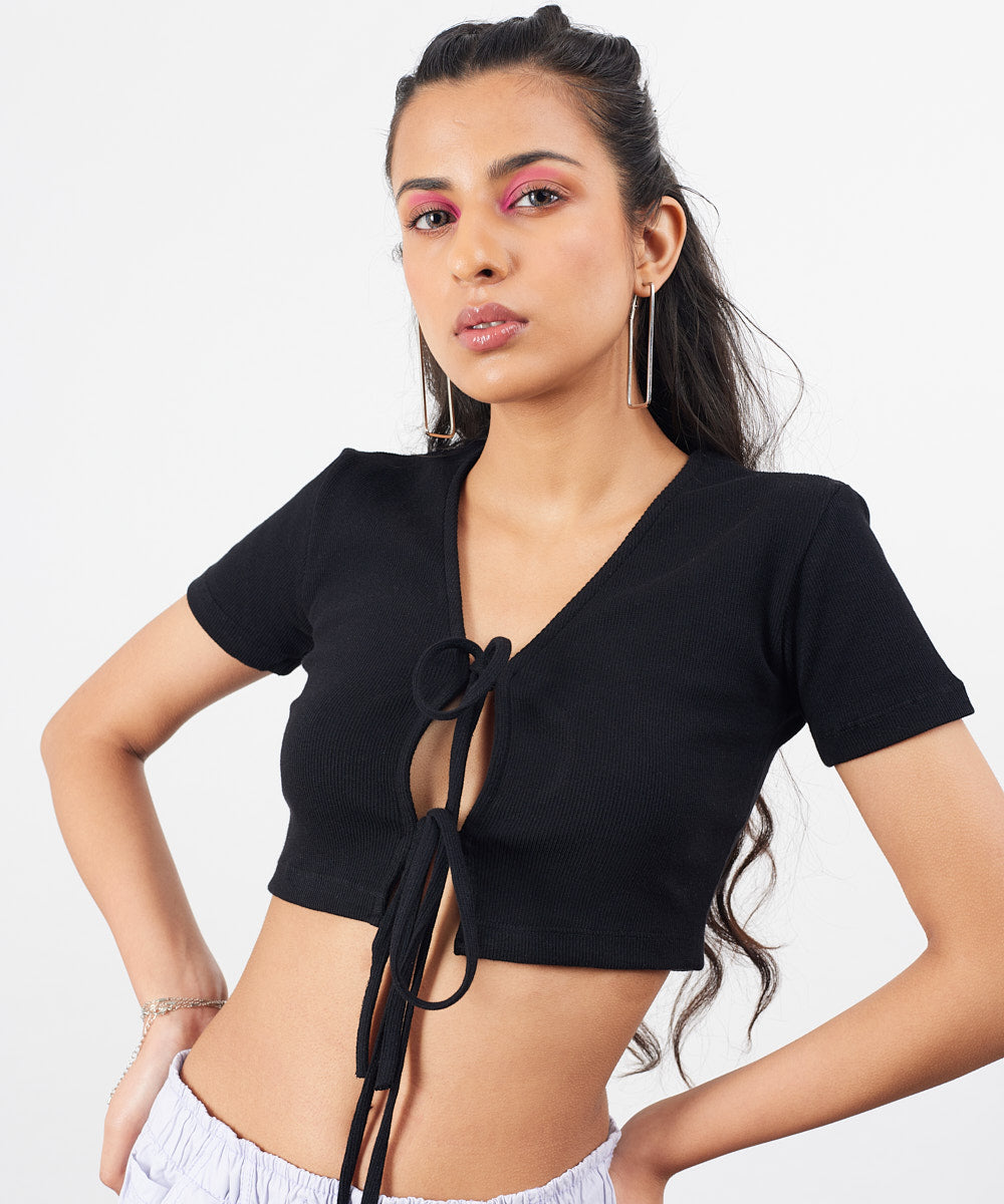 Ribbed tie-up crop top - Black
