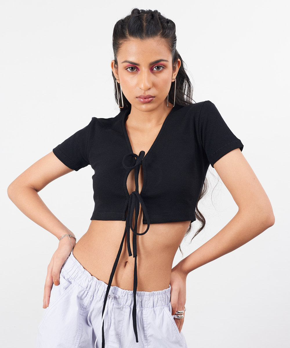 Ribbed tie-up crop top - Black