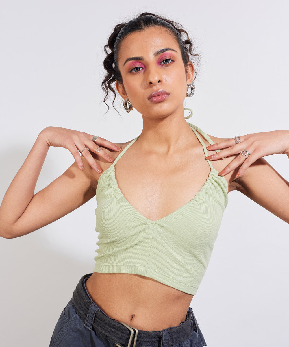 Ribbed tie-up neckline crop top - Pastel green