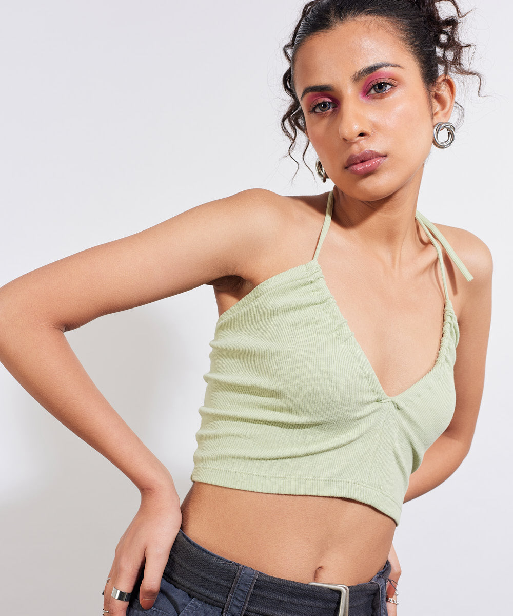 Ribbed tie-up neckline crop top - Pastel green