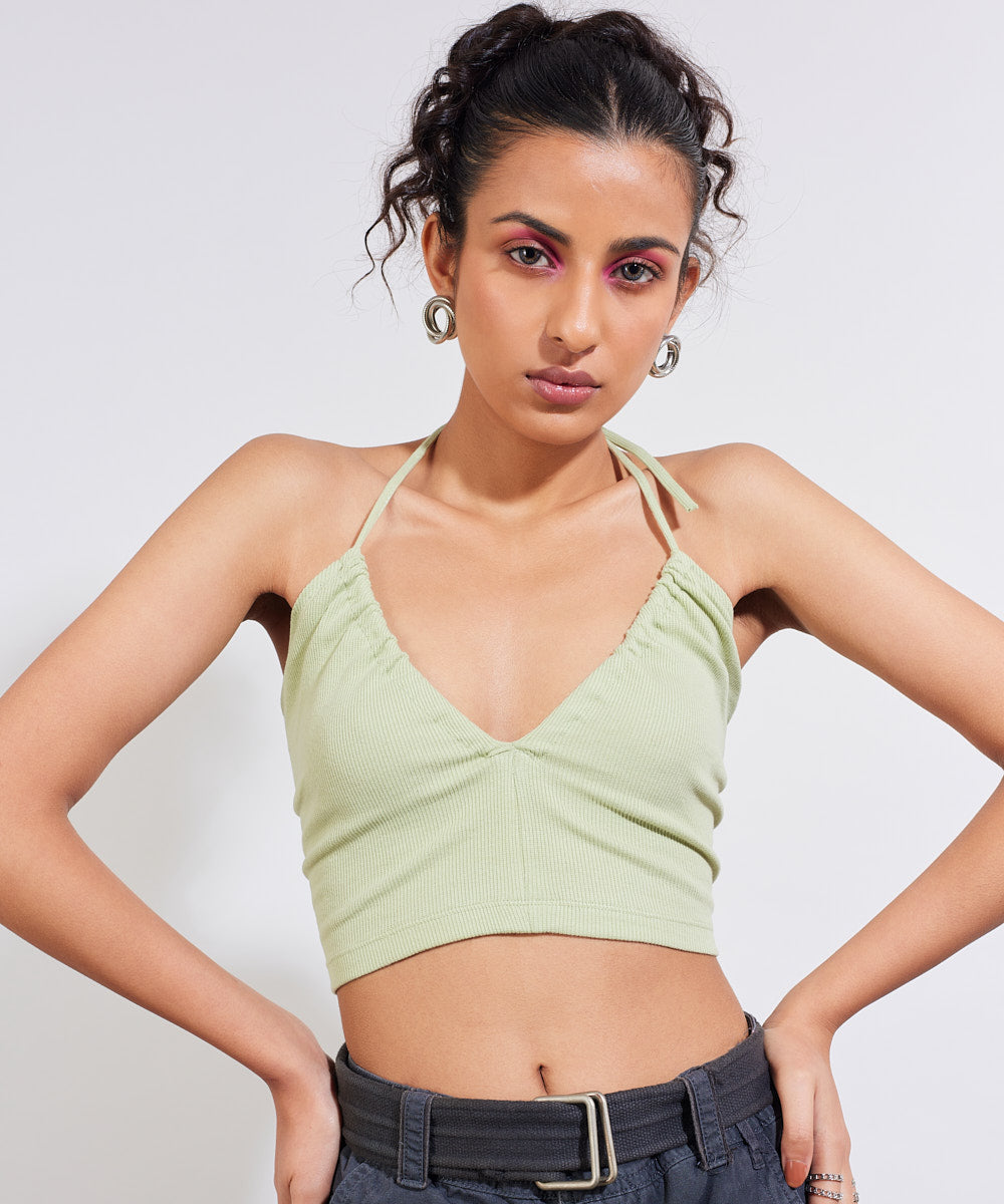 Ribbed tie-up neckline crop top - Pastel green