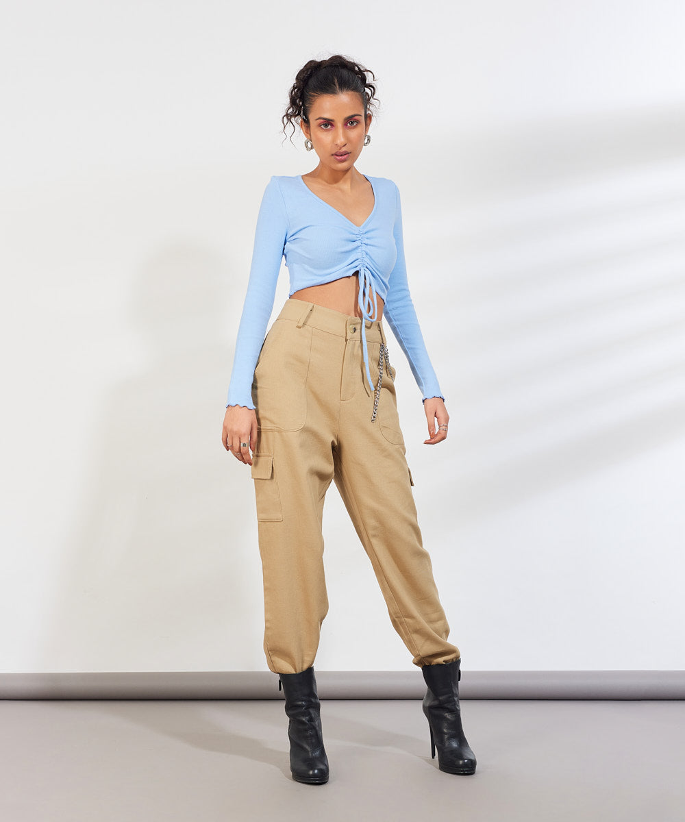 Ribbed Overlock Drawstring Full Sleeves Top V-Neck - Light blue