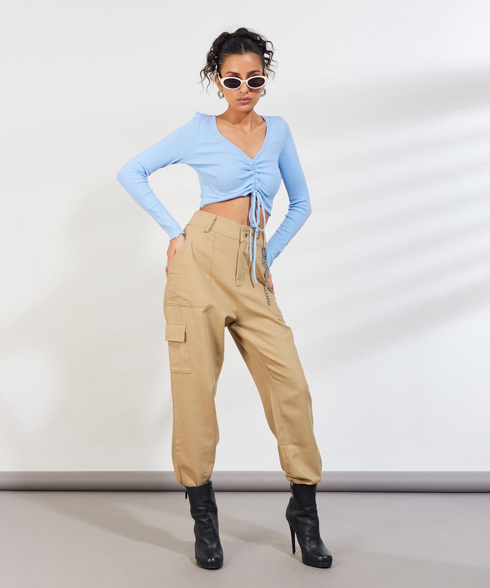 Ribbed Overlock Drawstring Full Sleeves Top V-Neck - Light blue