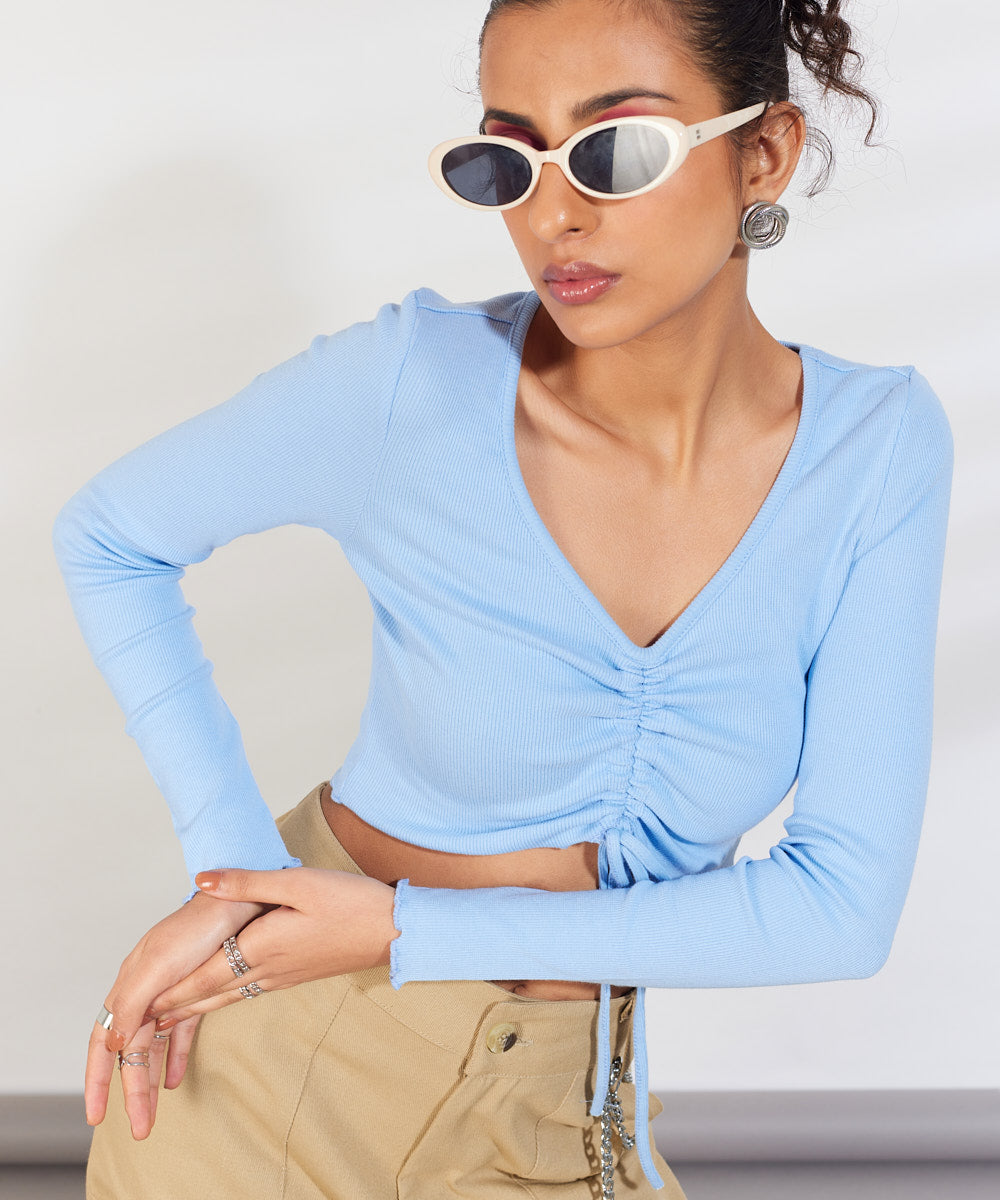 Ribbed Overlock Drawstring Full Sleeves Top V-Neck - Light blue