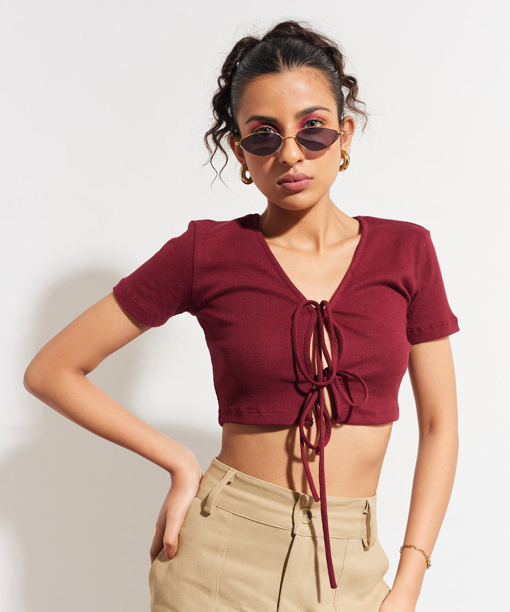 Ribbed tie-up crop top - Maroon