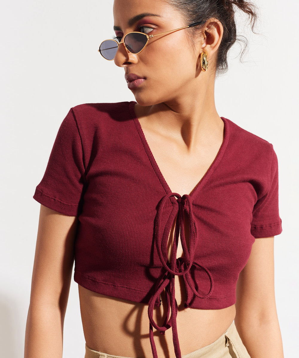Ribbed tie-up crop top - Maroon
