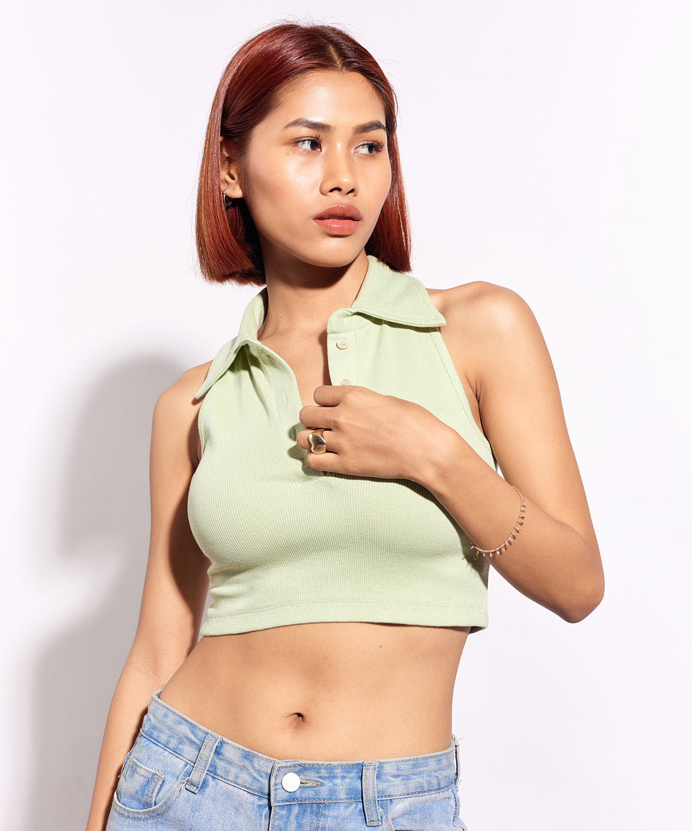 Ribbed Collared Sleeveless Top - Pastel green