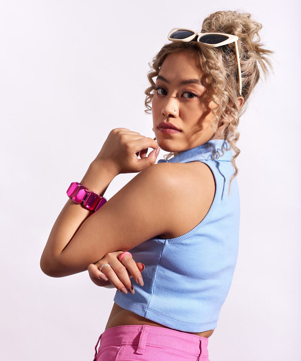 Ribbed collared sleeveless top-light blue