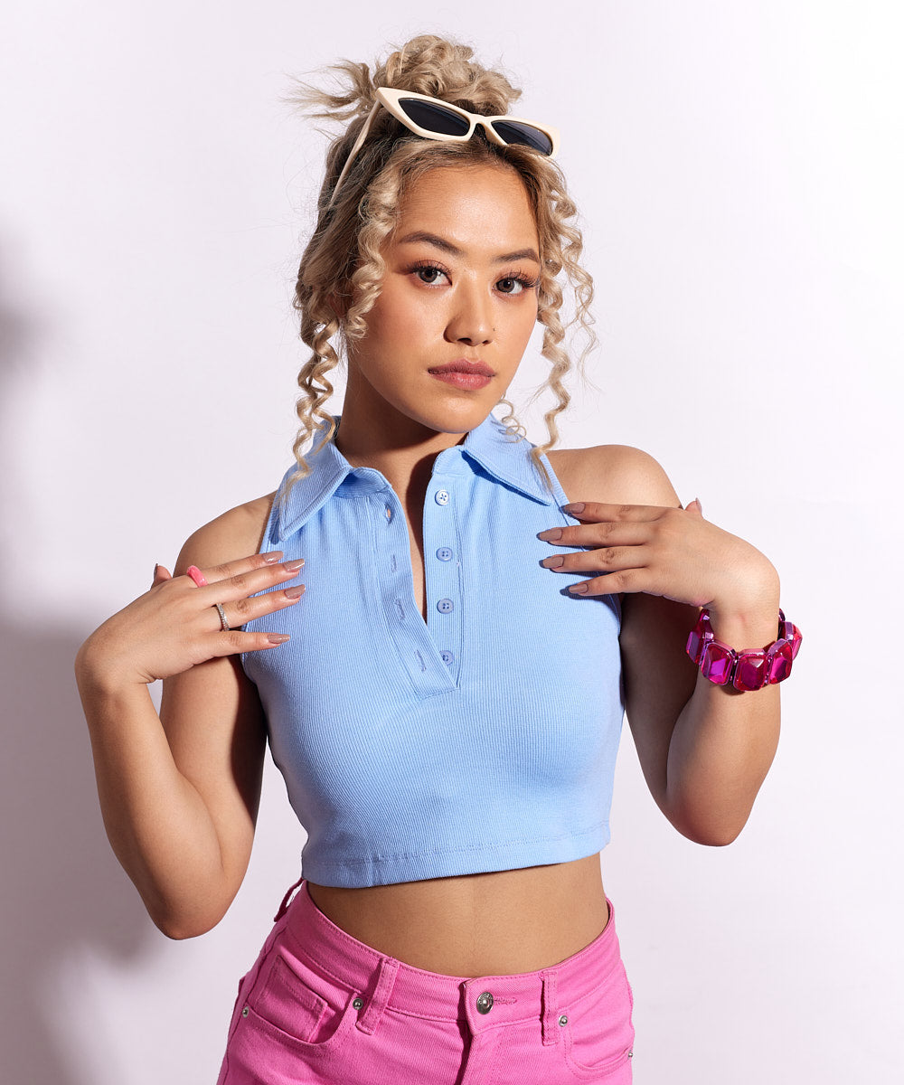 Ribbed collared sleeveless top-light blue