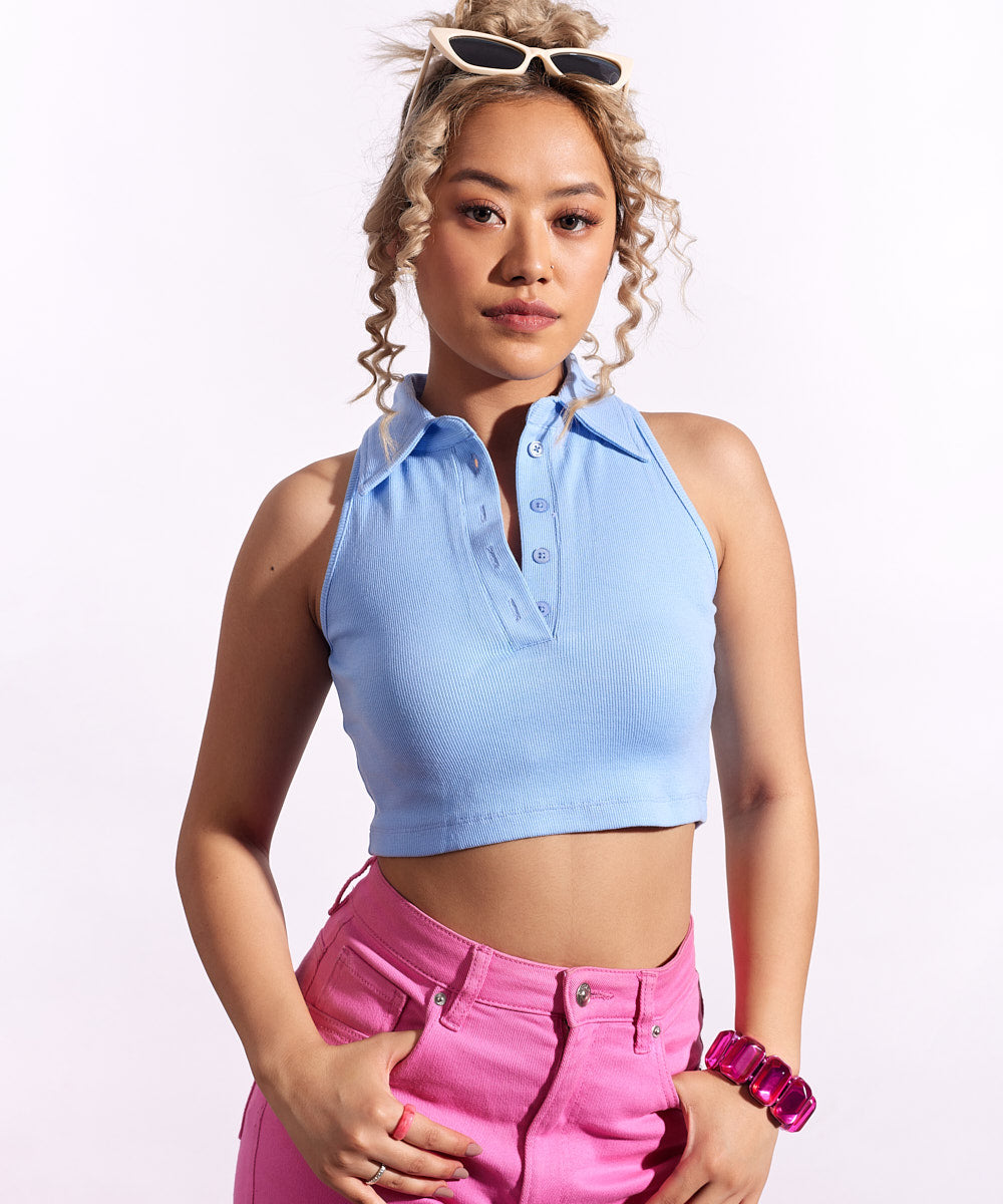 Ribbed collared sleeveless top-light blue