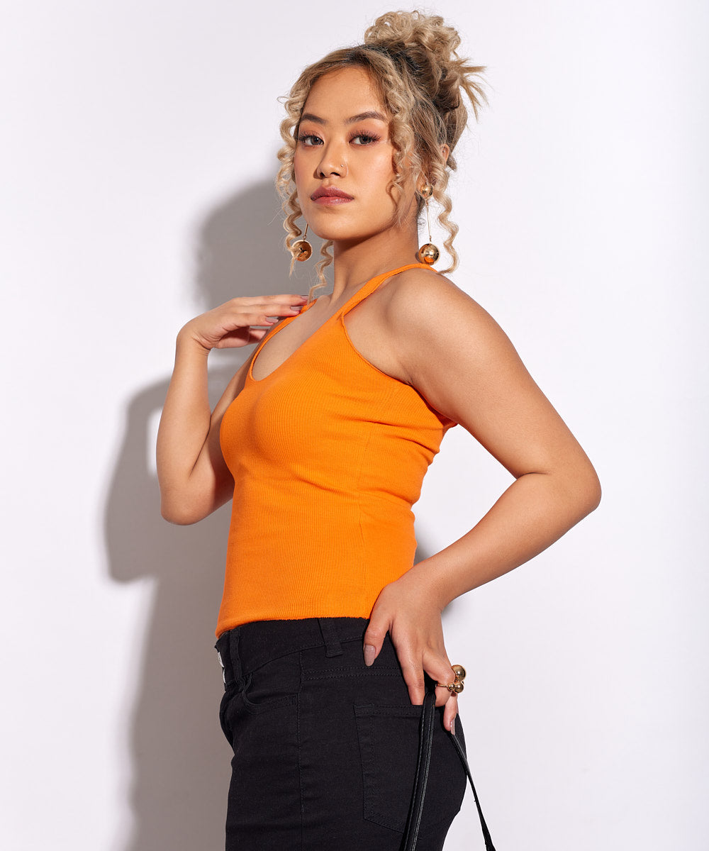 Ribbed V-Neck Sleeveless Top - Neon orange
