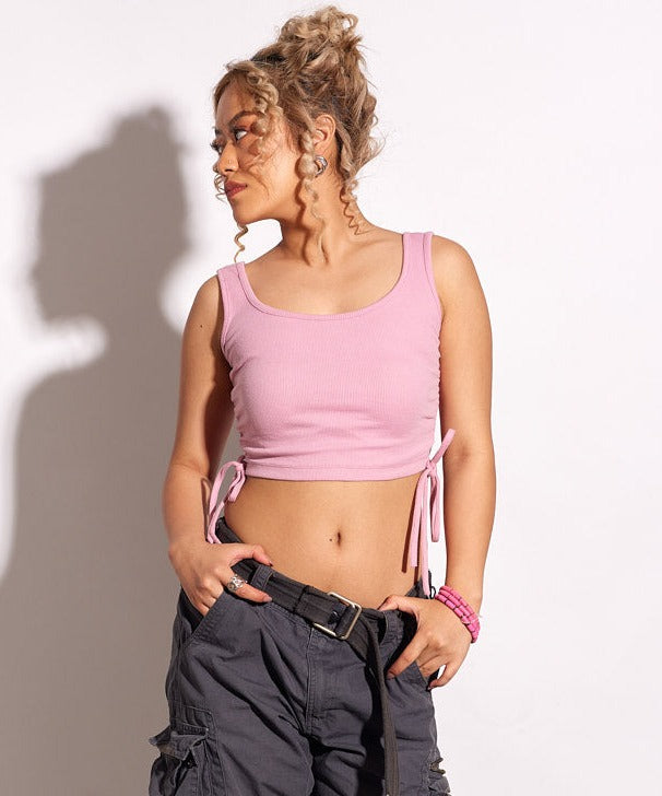 Ribbed String Crop Top - Rose pink