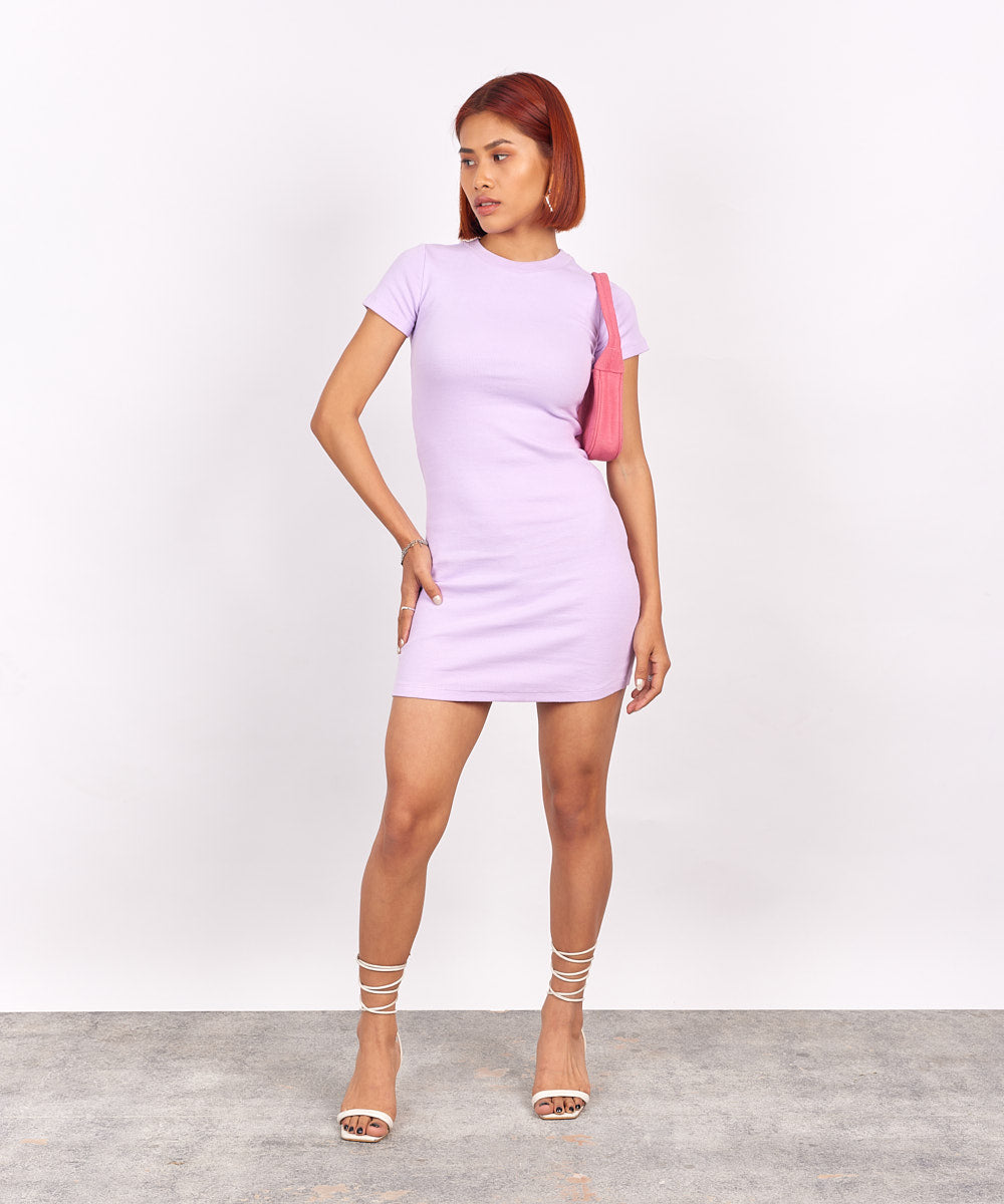 Ribbed Round Neck Bodycon Dress - Lilac