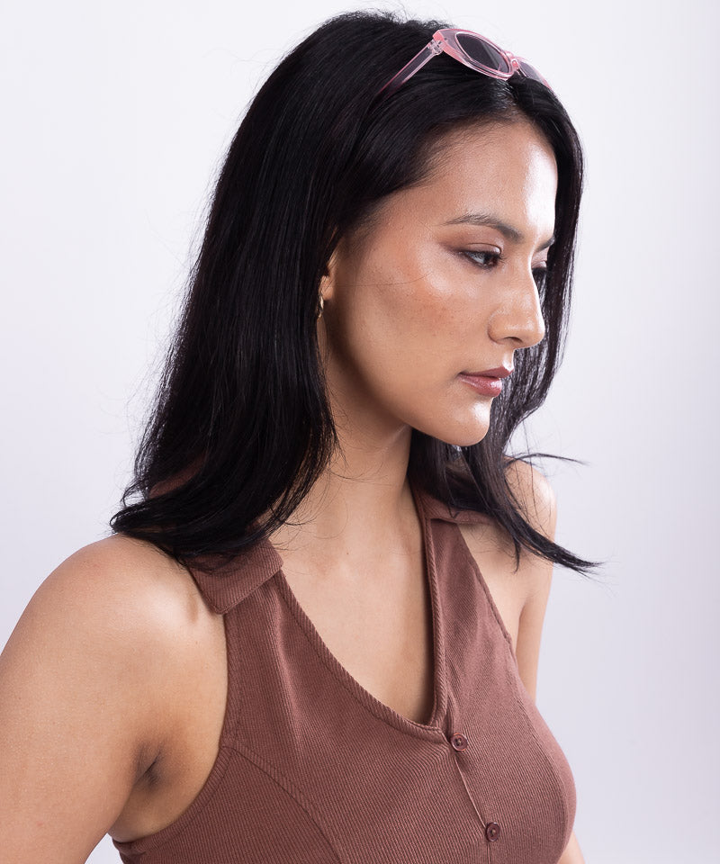Ribbed Collared HalterNeck Cropped Top - Brown