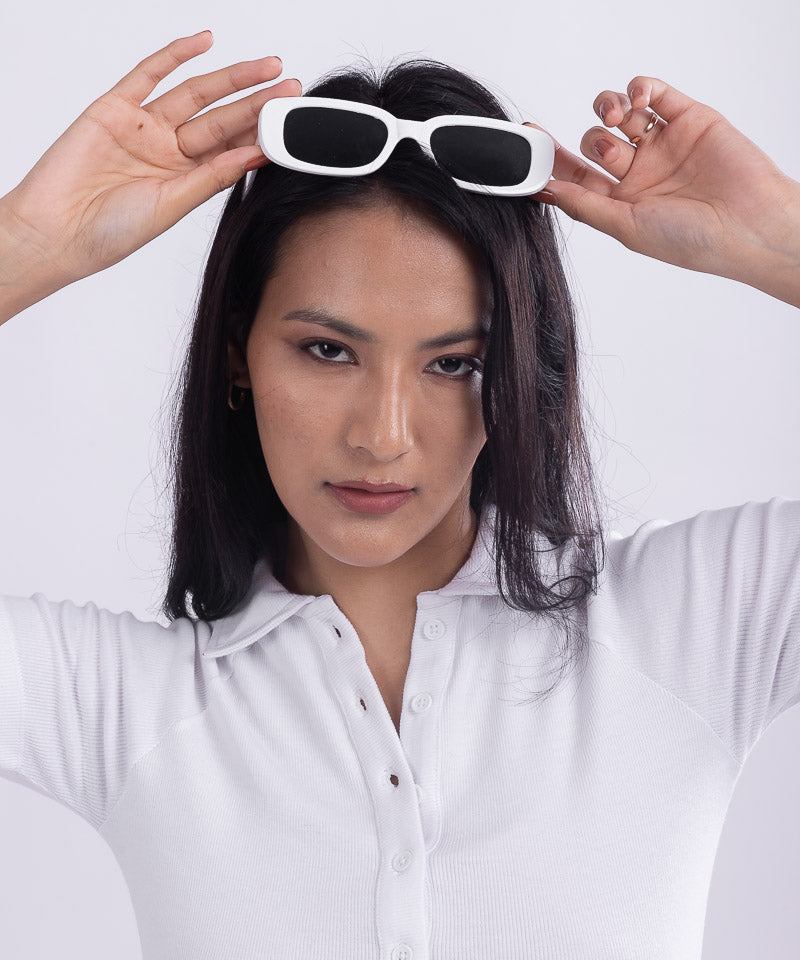 Ribbed Collared Half Sleeves Button Top - White