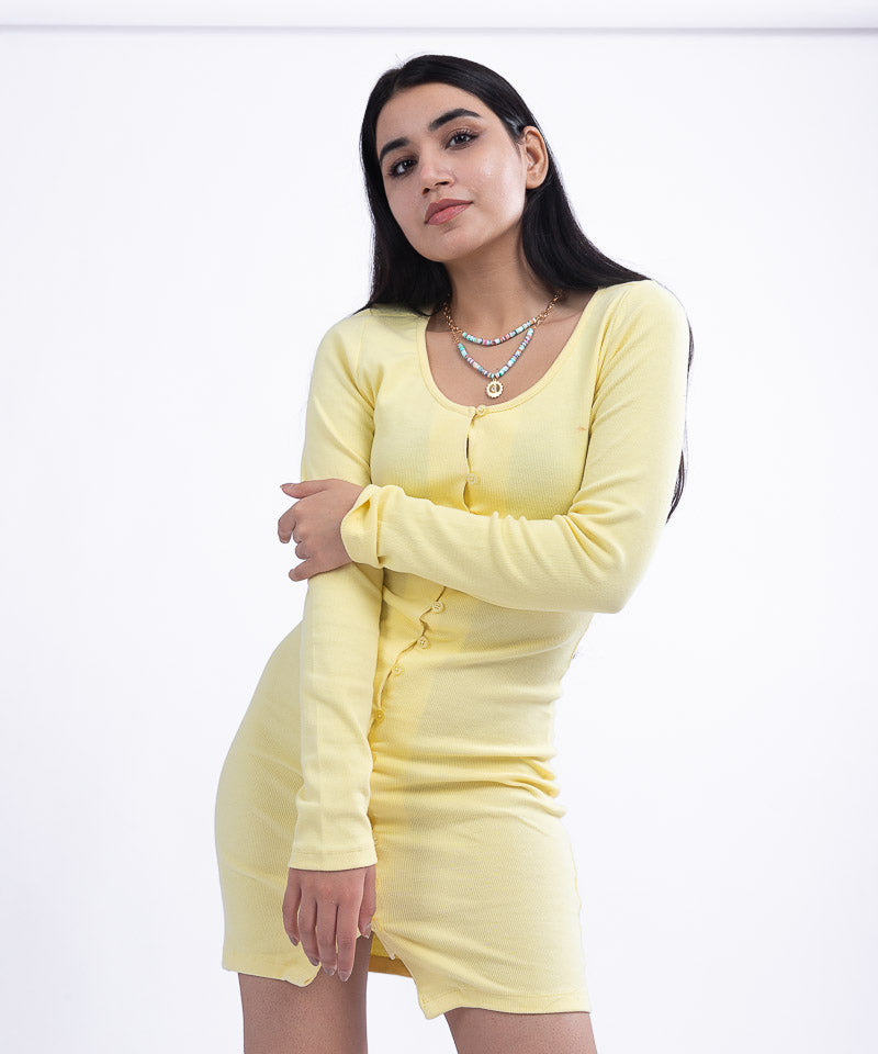 Ribbed Button Down Bodycon Dress - Lemon