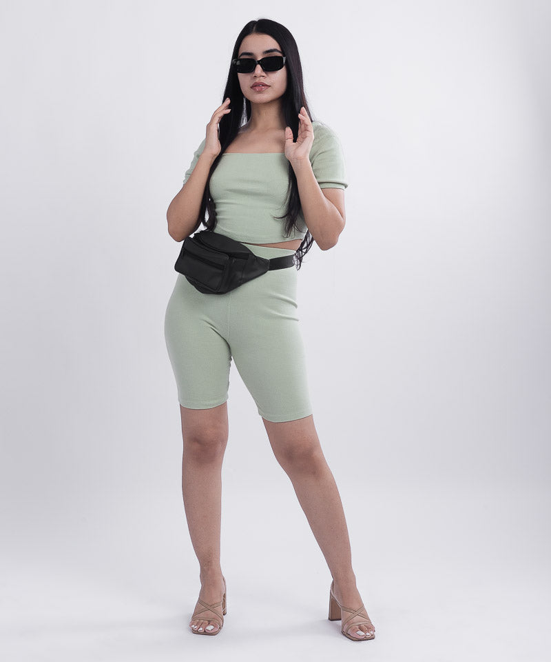 Ribbed Puff Sleeves SquareNeck Top - Pastel green