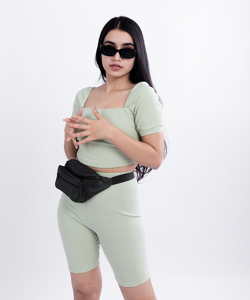 Ribbed Puff Sleeves SquareNeck Top - Pastel green