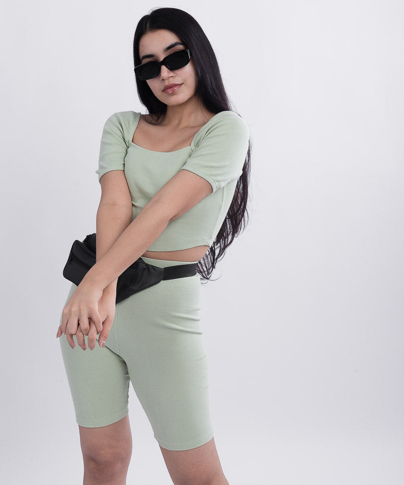 Ribbed long cycling shorts - Pastel green