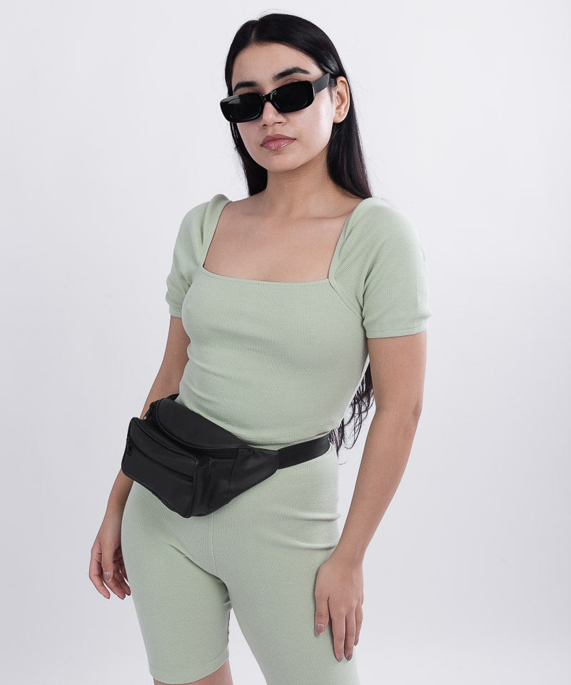 Ribbed Puff Sleeves SquareNeck Top - Pastel green