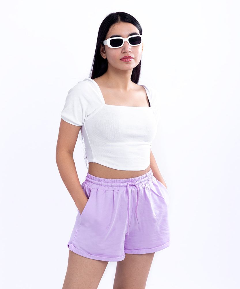 Ribbed Puff Sleeves SquareNeck Top - White