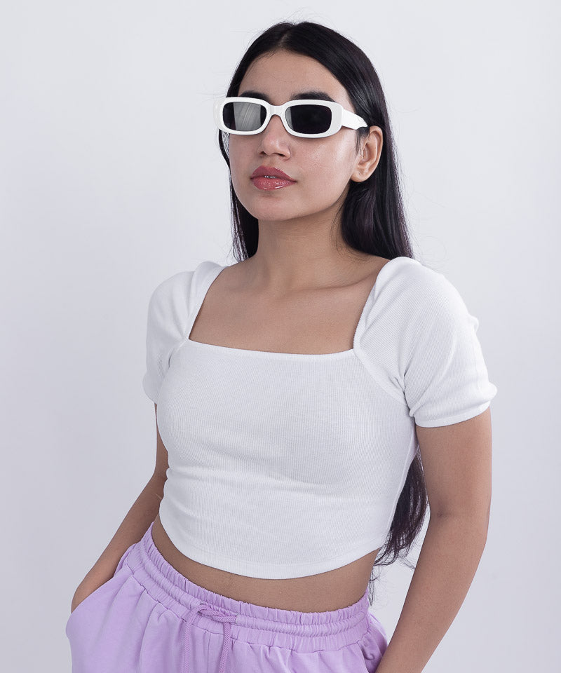 Ribbed Puff Sleeves SquareNeck Top - White