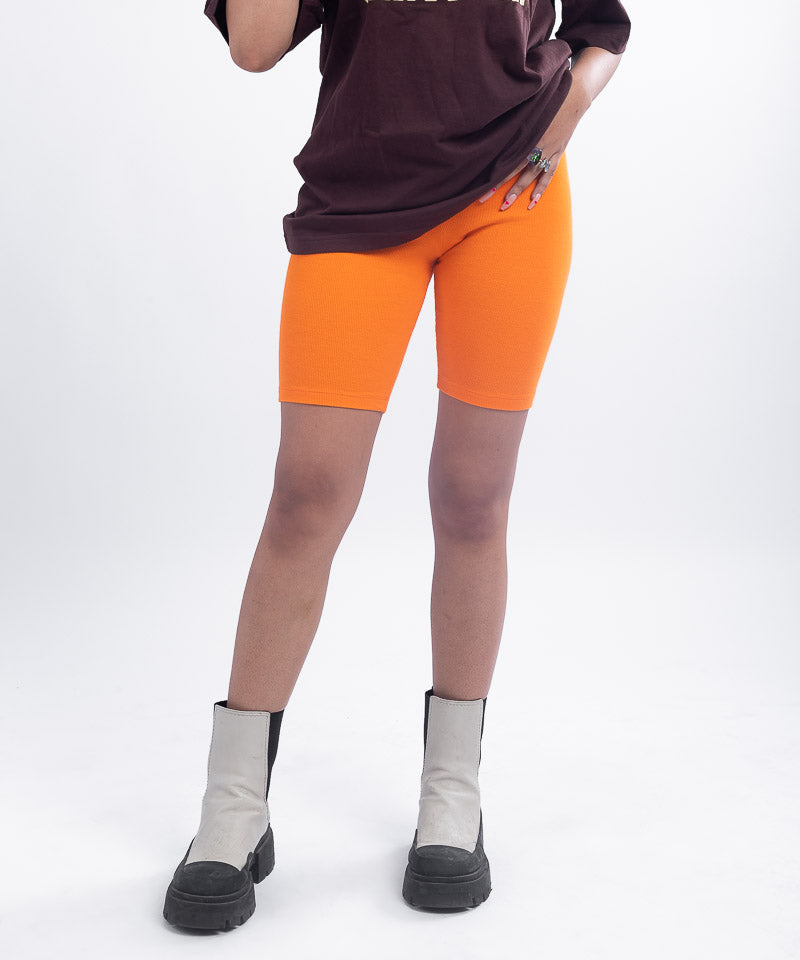 Ribbed long cycling shorts - Neon orange