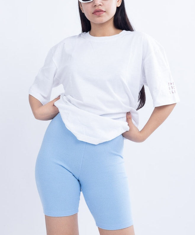 Ribbed long cycling shorts - Light blue