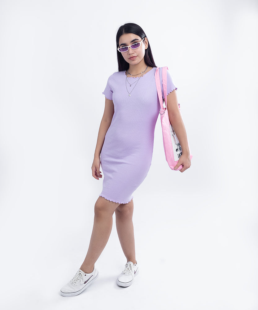 Ribbed Half Sleeves Overlock Bodycon Dress - Lilac