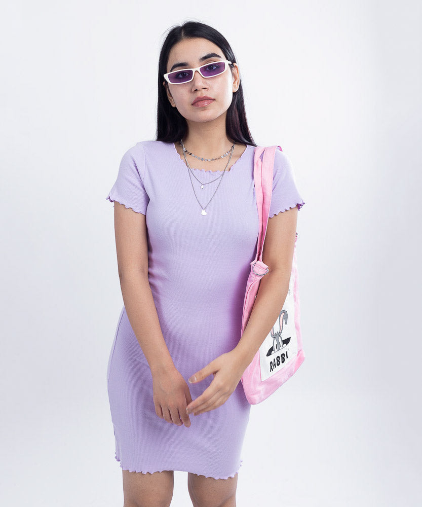 Ribbed Half Sleeves Overlock Bodycon Dress - Lilac