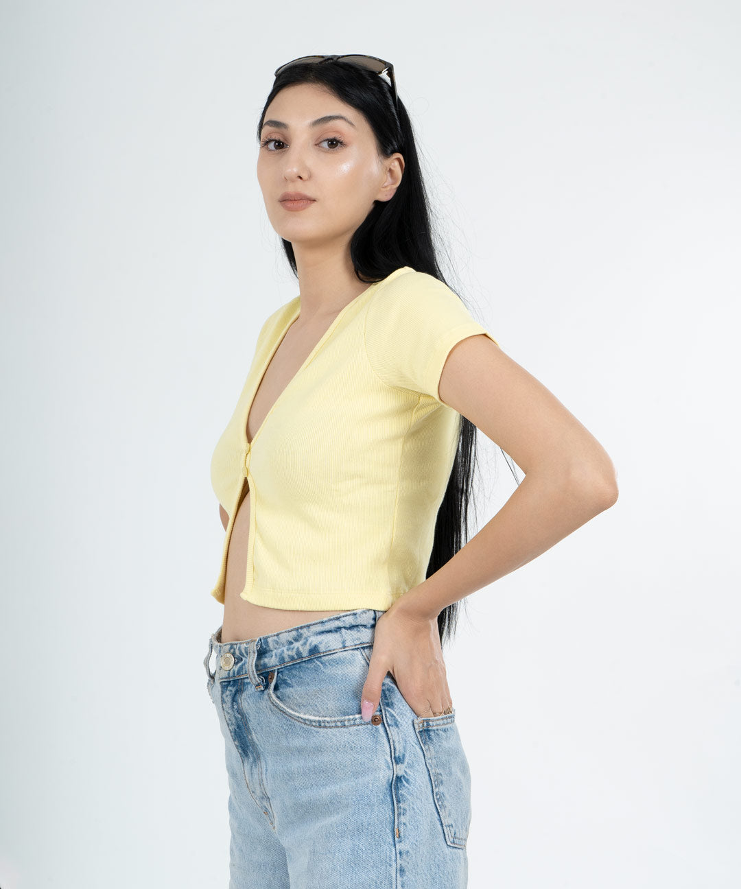 Ribbed Button Top V-Neck - Lemon