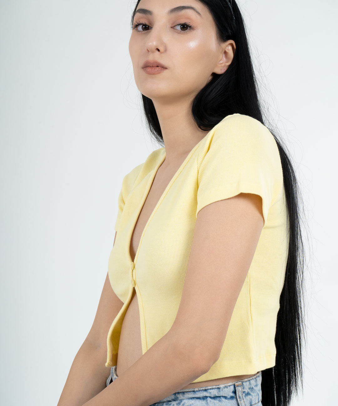 Ribbed Button Top V-Neck - Lemon