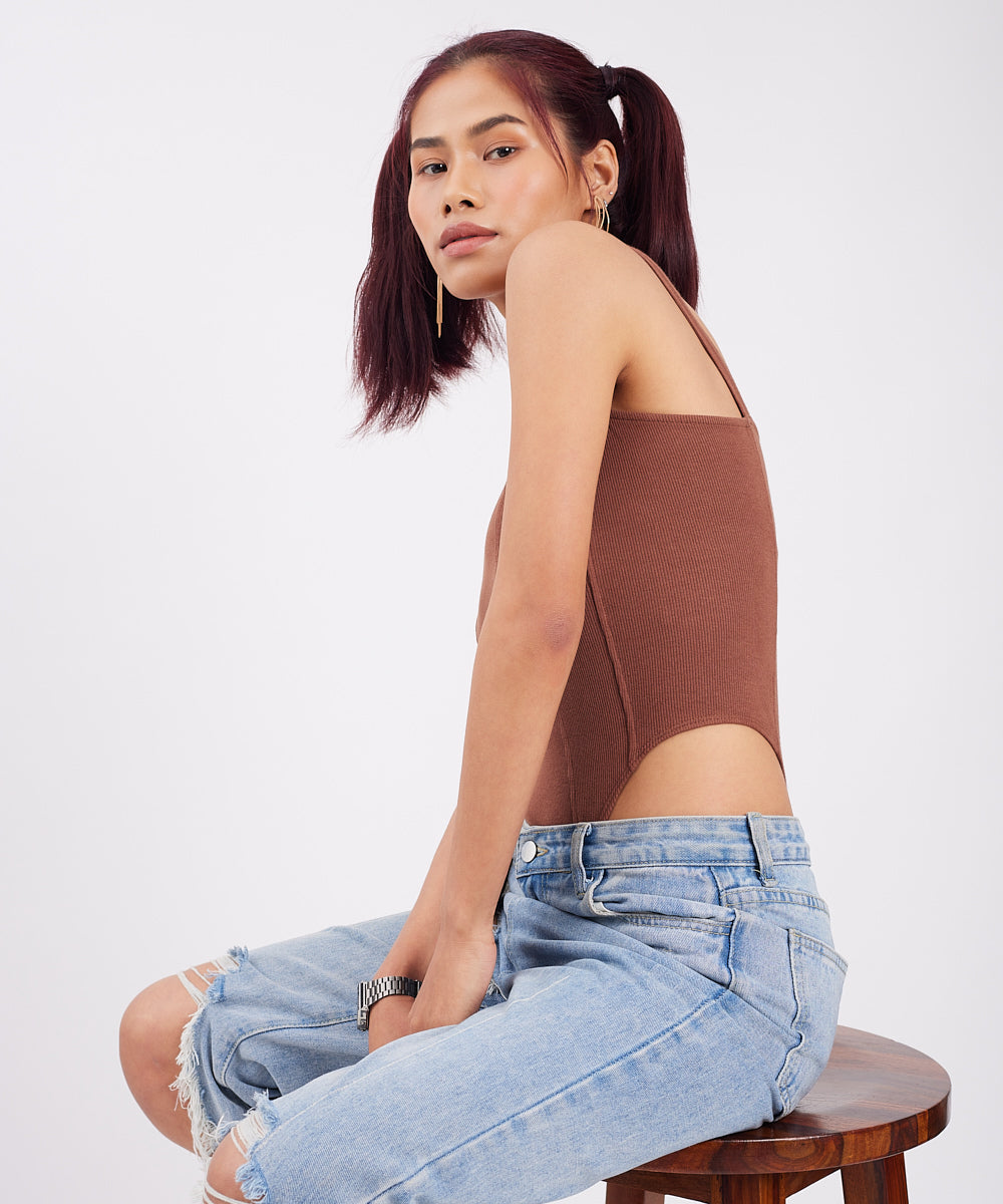 Ribbed Square Neck Thong Body Suit - Brown