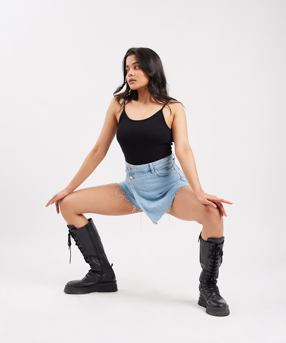 Ribbed Shoulder Strap Thong Body Suit - Black