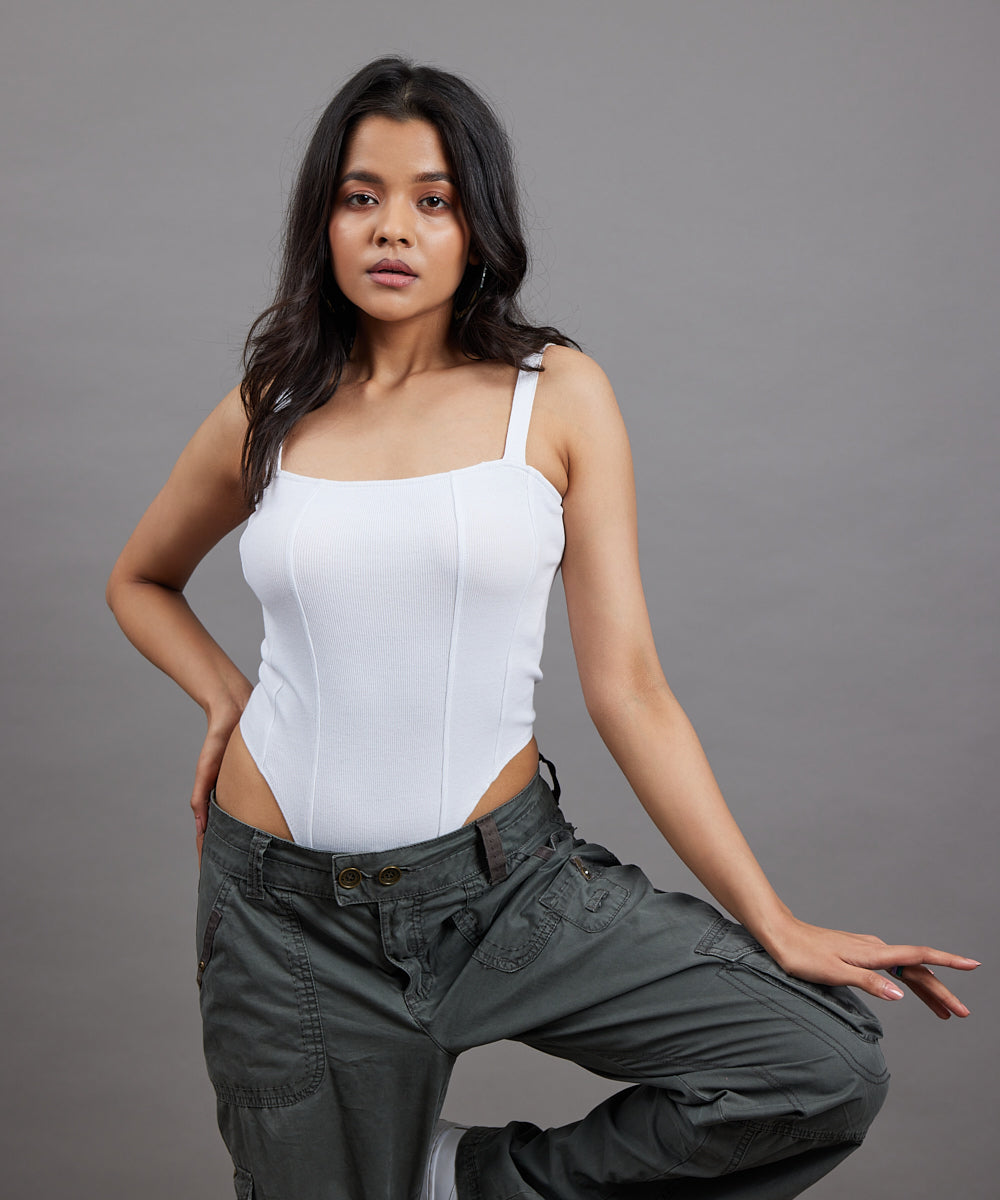 Ribbed Square Neck Thong Body Suit - White