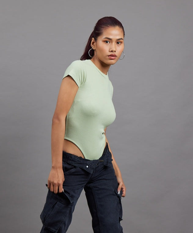 Ribbed Roundneck Thong Body Suit - Pastel green