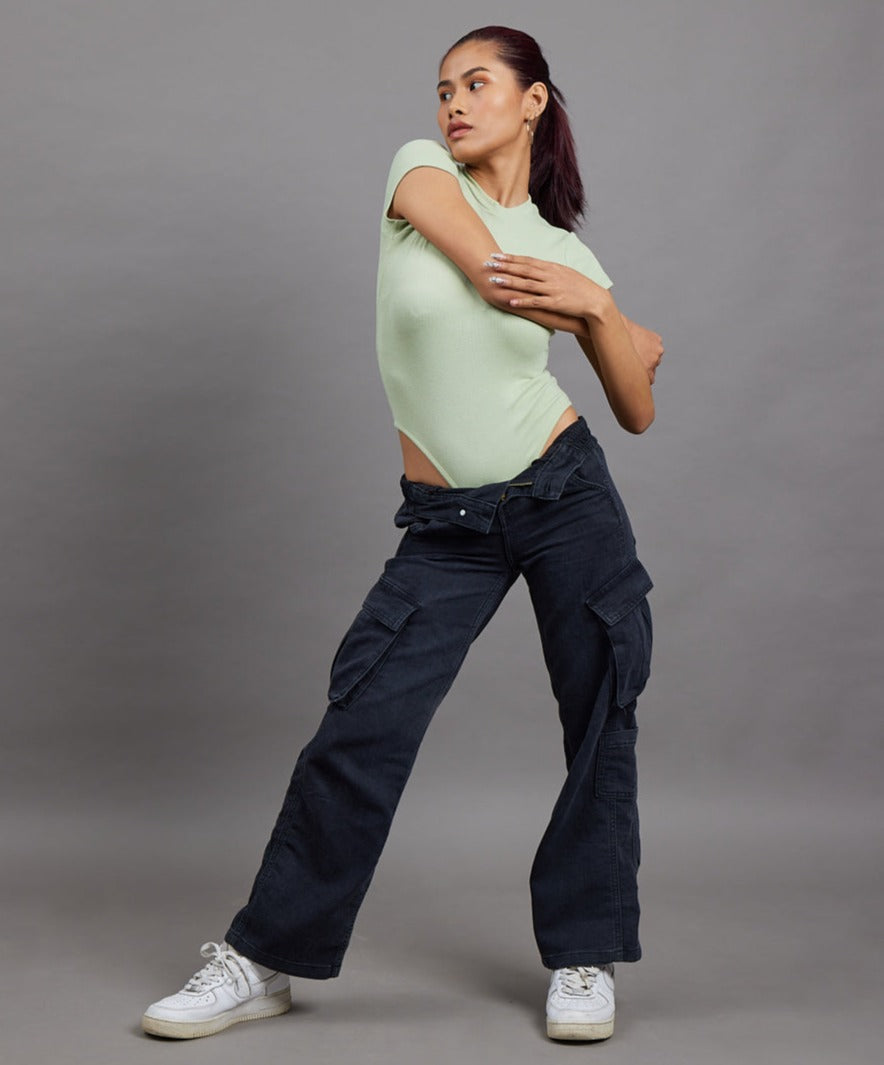 Ribbed Roundneck Thong Body Suit - Pastel green