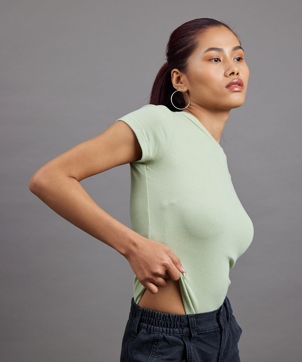 Ribbed Roundneck Thong Body Suit - Pastel green