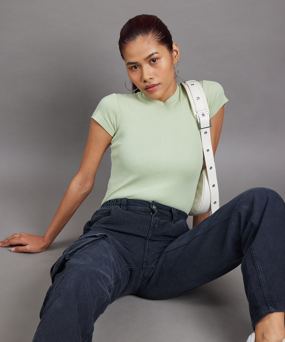 Ribbed Roundneck Thong Body Suit - Pastel green