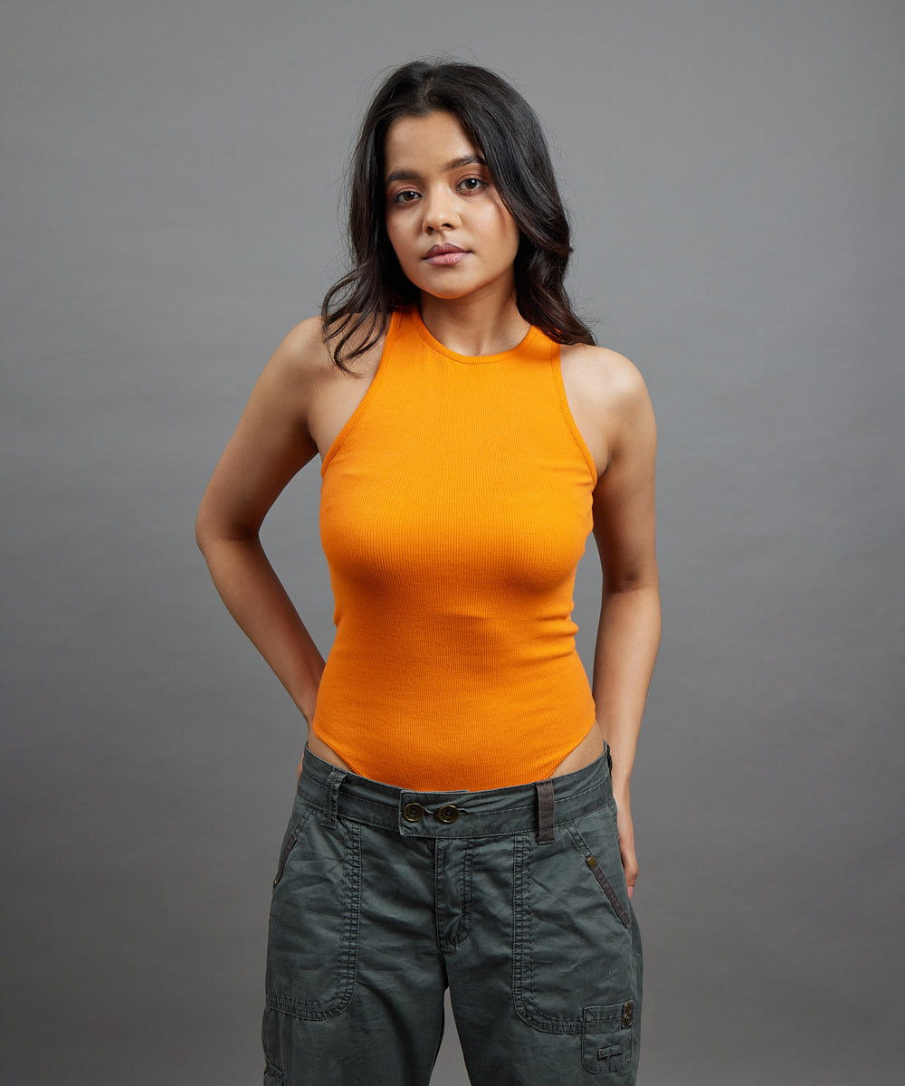 Ribbed Racerback Thong Body Suit - Neon orange