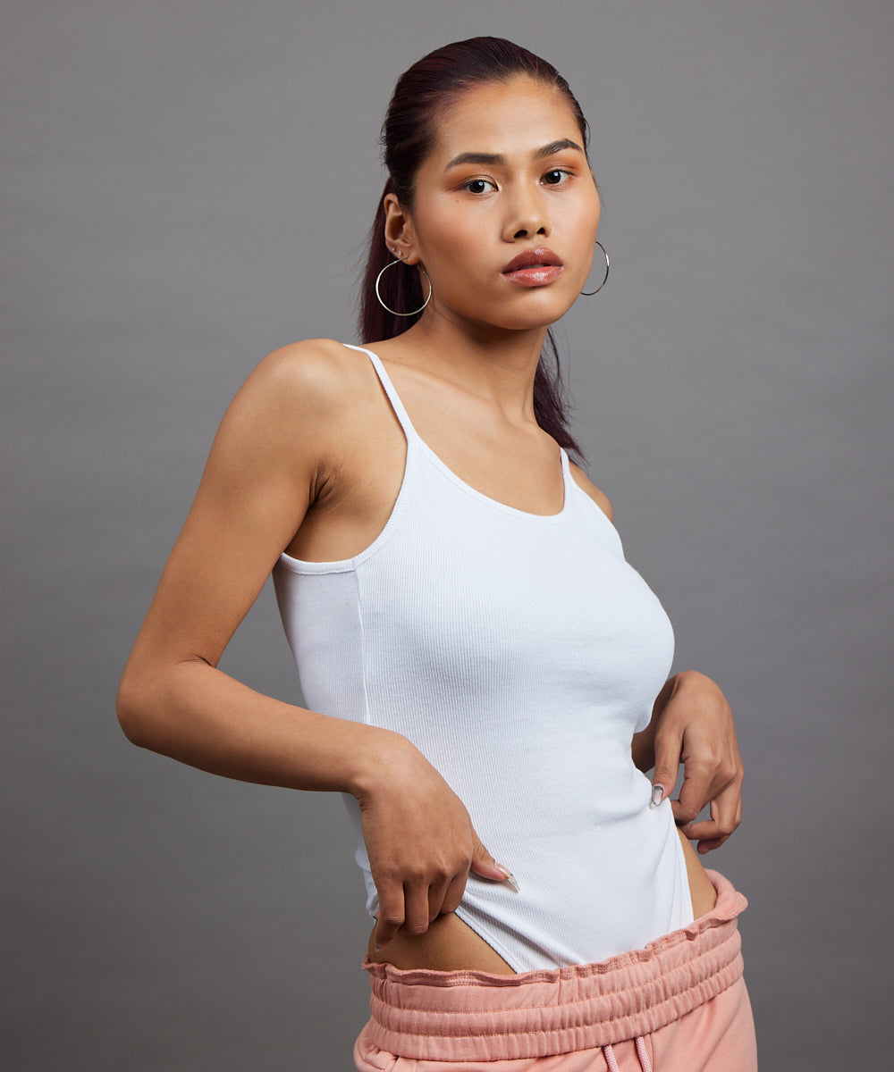 Ribbed Shoulder Strap Thong Body Suit - White